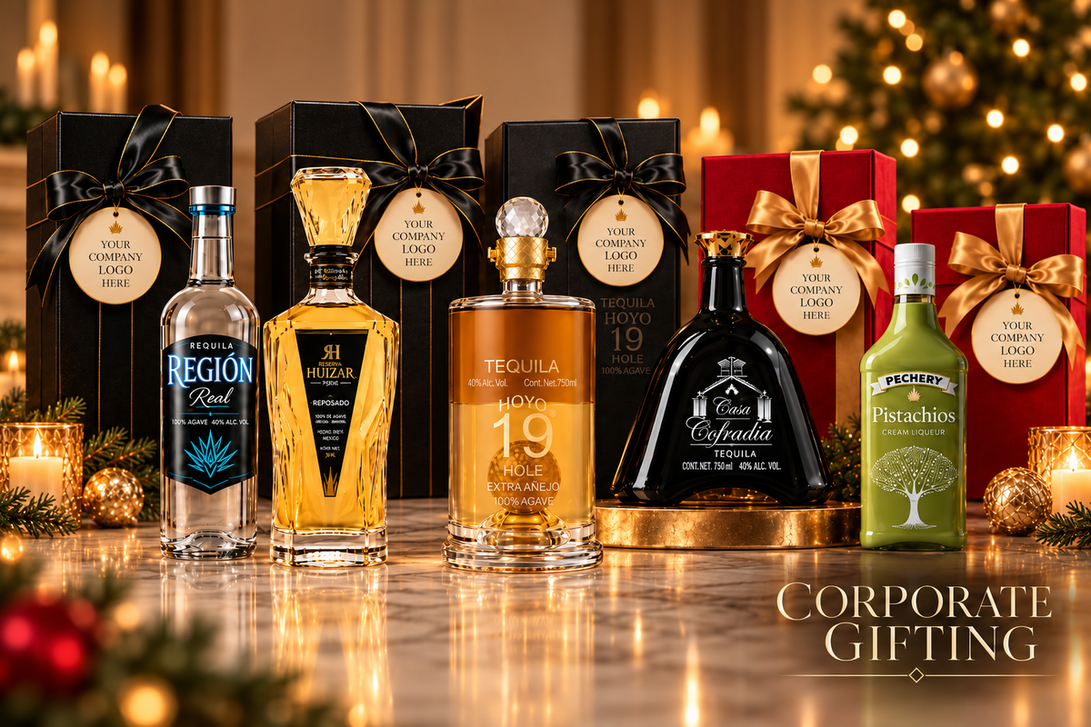 Corporate tequila and cream liqueur gifts with company logo tags — Región Real, Reserva Huizar, Hoyo 19, La Cofradía and Pechery