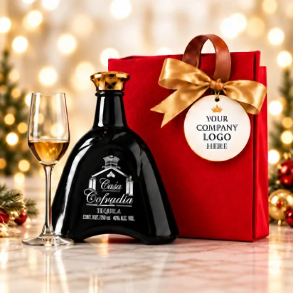 La Cofradía Añejo tequila beside a red gift bag with a company logo tag